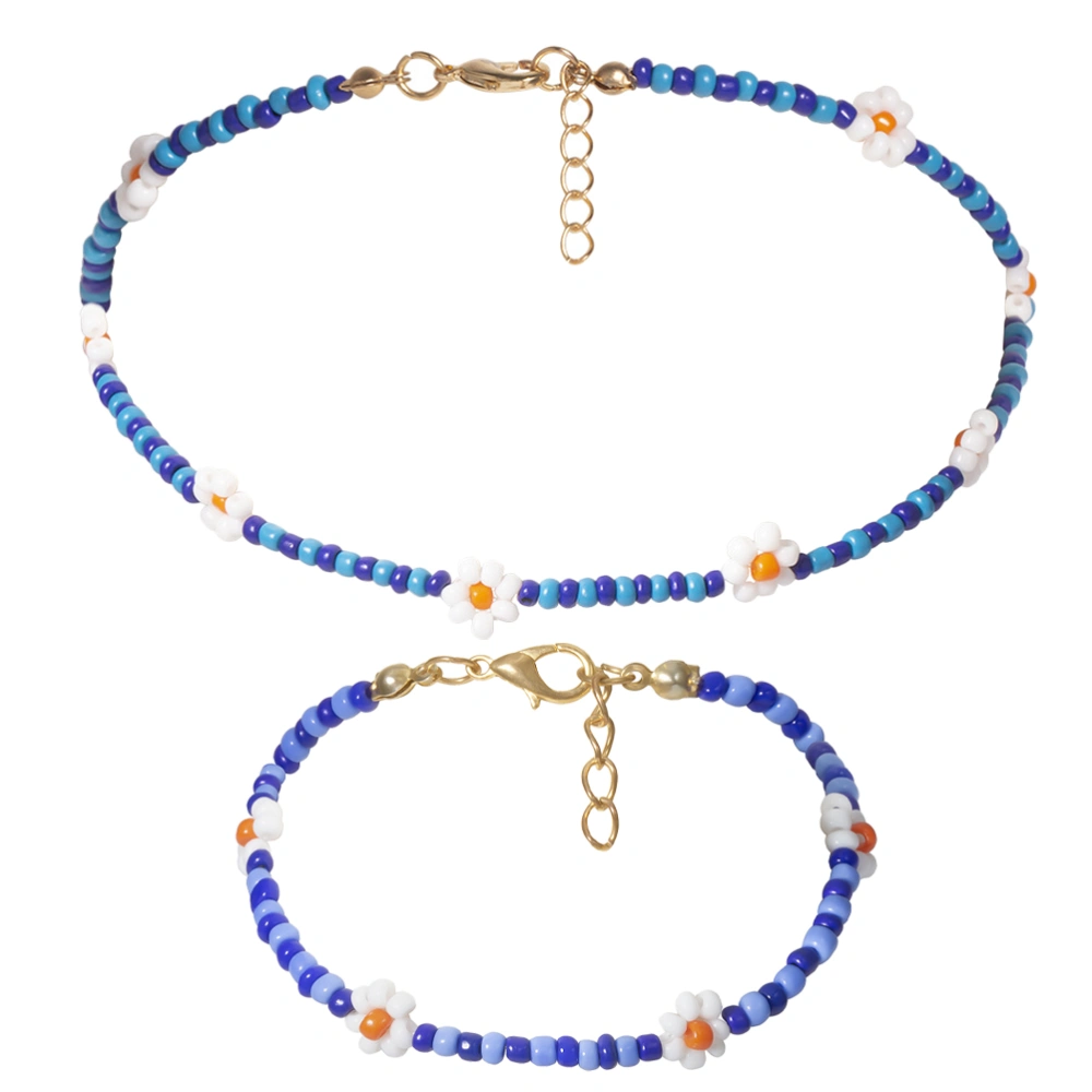 2pcs of One Set Creative Bracelet Delicate Beaded Flowers Geometric Necklace Bracelet Fashion Jewelry for Woman (Blue Necklace and Blue Bracelet)