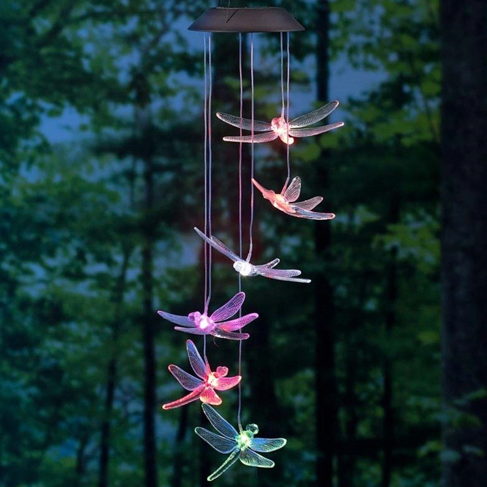Solar Mobile LED Light Color Changing Wind Chimes Dragonfly Pendant Aeolian Bell Yard Garden Wind Chimes Lamp Accessories Home Decor (Random Color)