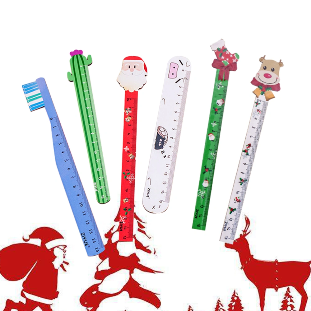 6pcs Wooden Ruler Straight Scale Santa Claus Ruler Portable Wooden Measuring Tools for Students School Office 15CM