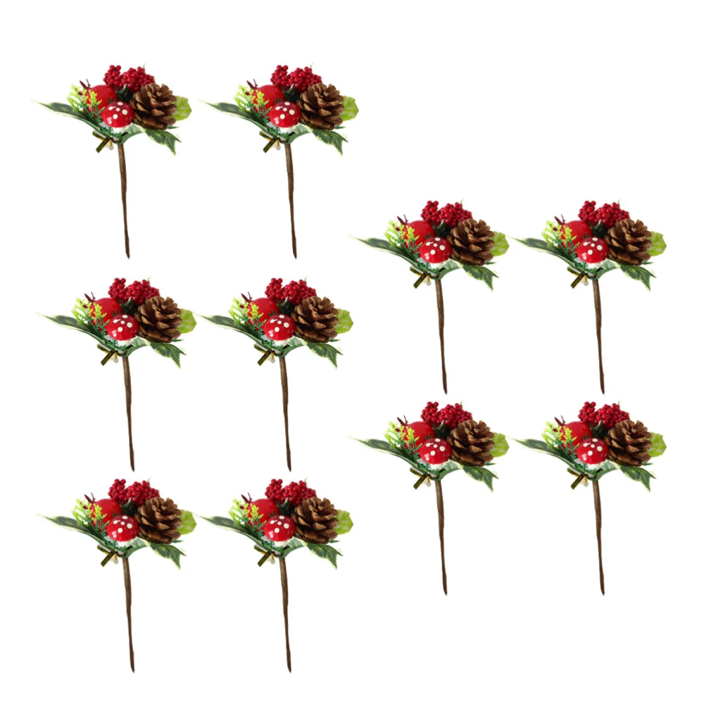 10pcs Creative Christmas Plant Stem Pick Decoration Artificial Pine Cone Green Hollow Leaf Fake Small Pomegranate Mushroom Pick Stems Plant for DIY Home Ornament