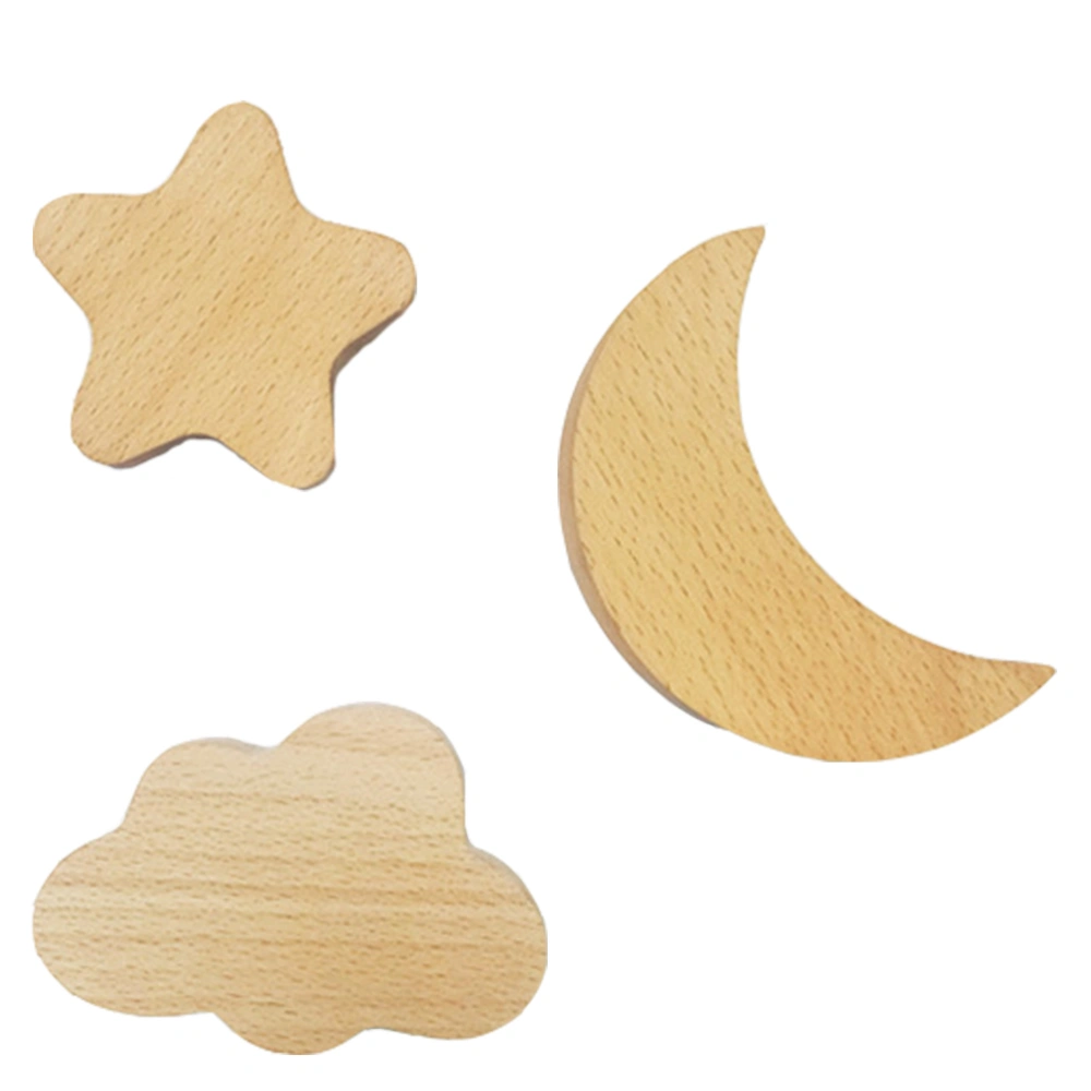 3PCS Solid Wood Hooks Star Moon Wall Hooks Wall Coat and Hat Hanger (Wood Color)