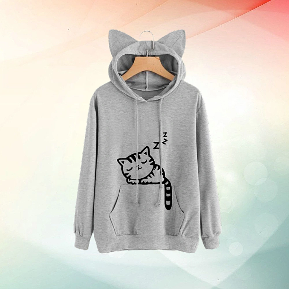 Adorable Cat Printed Hoodie Fashionable Loose Pullover Long Sleeve Sweater for Woman Lady (Light Gray Size S)