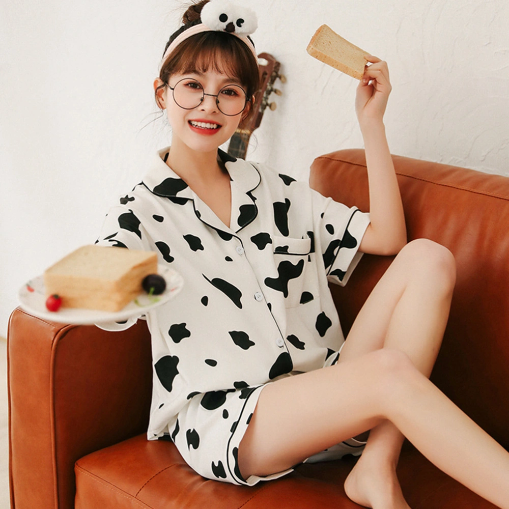 1 Set of 2Pcs Summer Women Pajamas Cartoon Cow Pajamas Cotton Cardigan Short Sleeve Shorts Casual Homewear Two-Piece Set (White Black Size XXL)