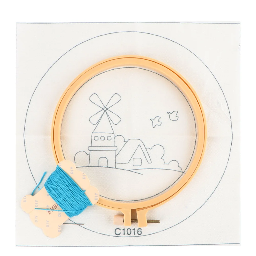 15cm Round Embroidery Base DIY Punch Embroidery Set Cloth Needles Wools Thread Accessories Embroidery Art Craft for Kids Home Gift Making (Windmill Style Pattern)