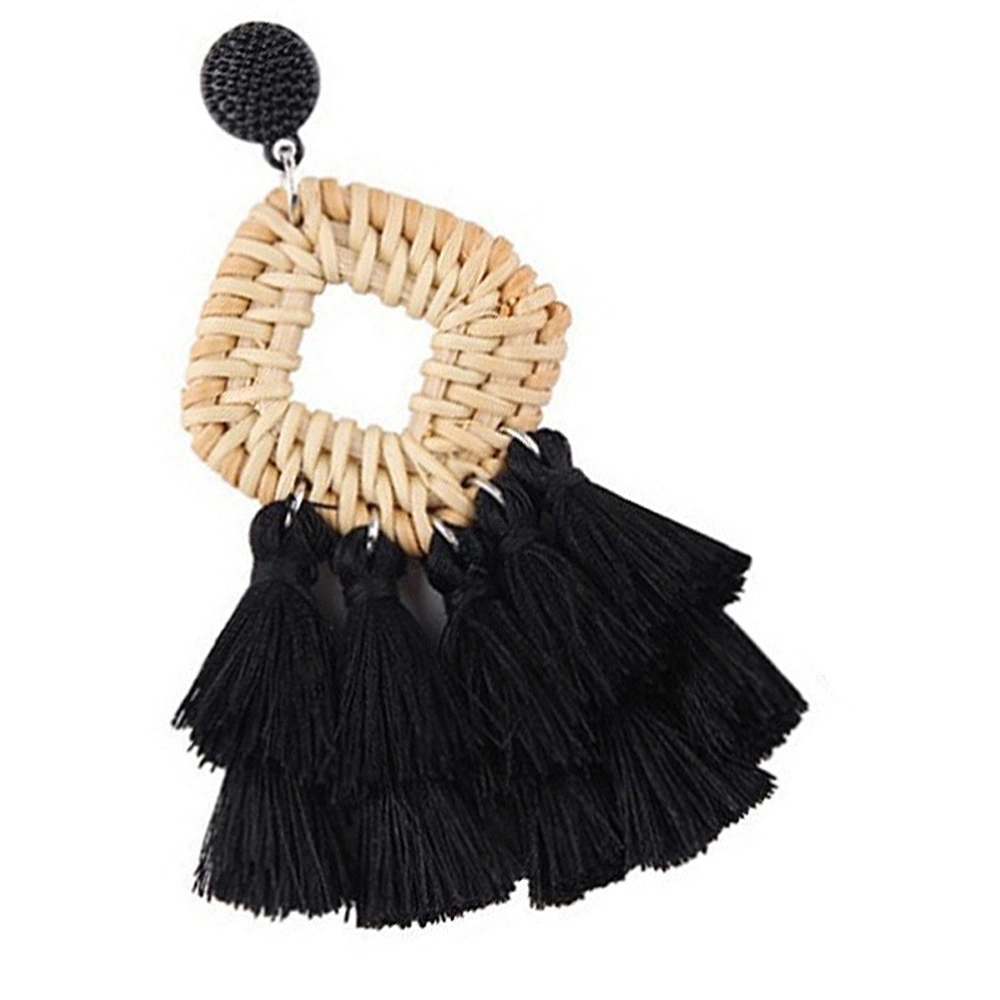 1 Pair of Exaggerate Bohemian Style Ear Dangle Retro Rattan Plait Fringe Earrings Tassel Ear Drop Women Ear Jewelry (Black)