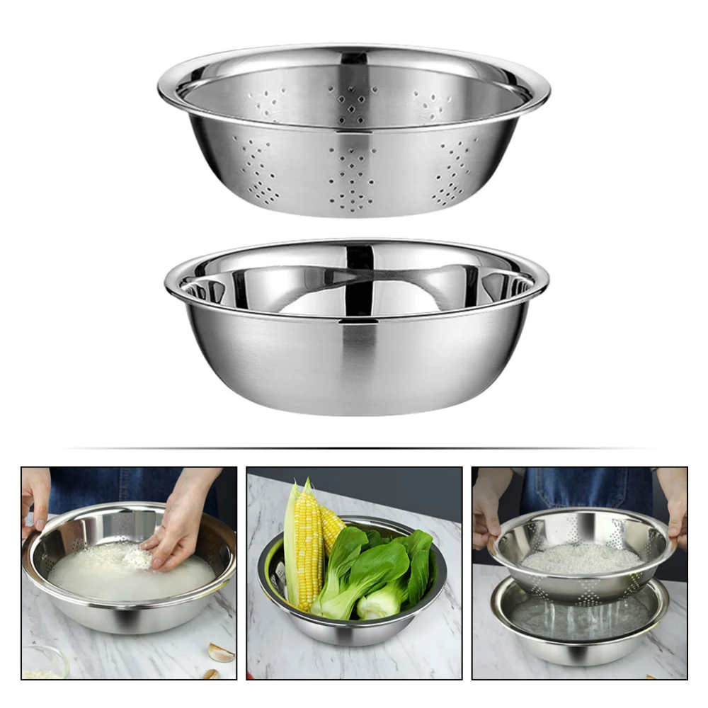 1 Set Stainless Steel Multi-purpose Noodle Basin Vegetable Wash Rice Sieve