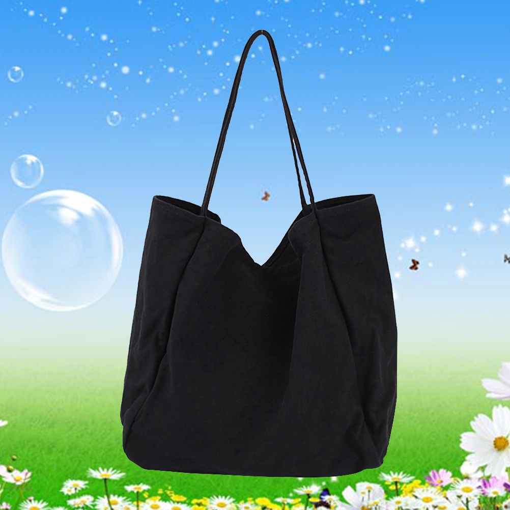Fashion Pure Color Canvas Bag Large Capacity Literary Shoulder Bag Simple Handbag Casual Shopping Bag (Black)