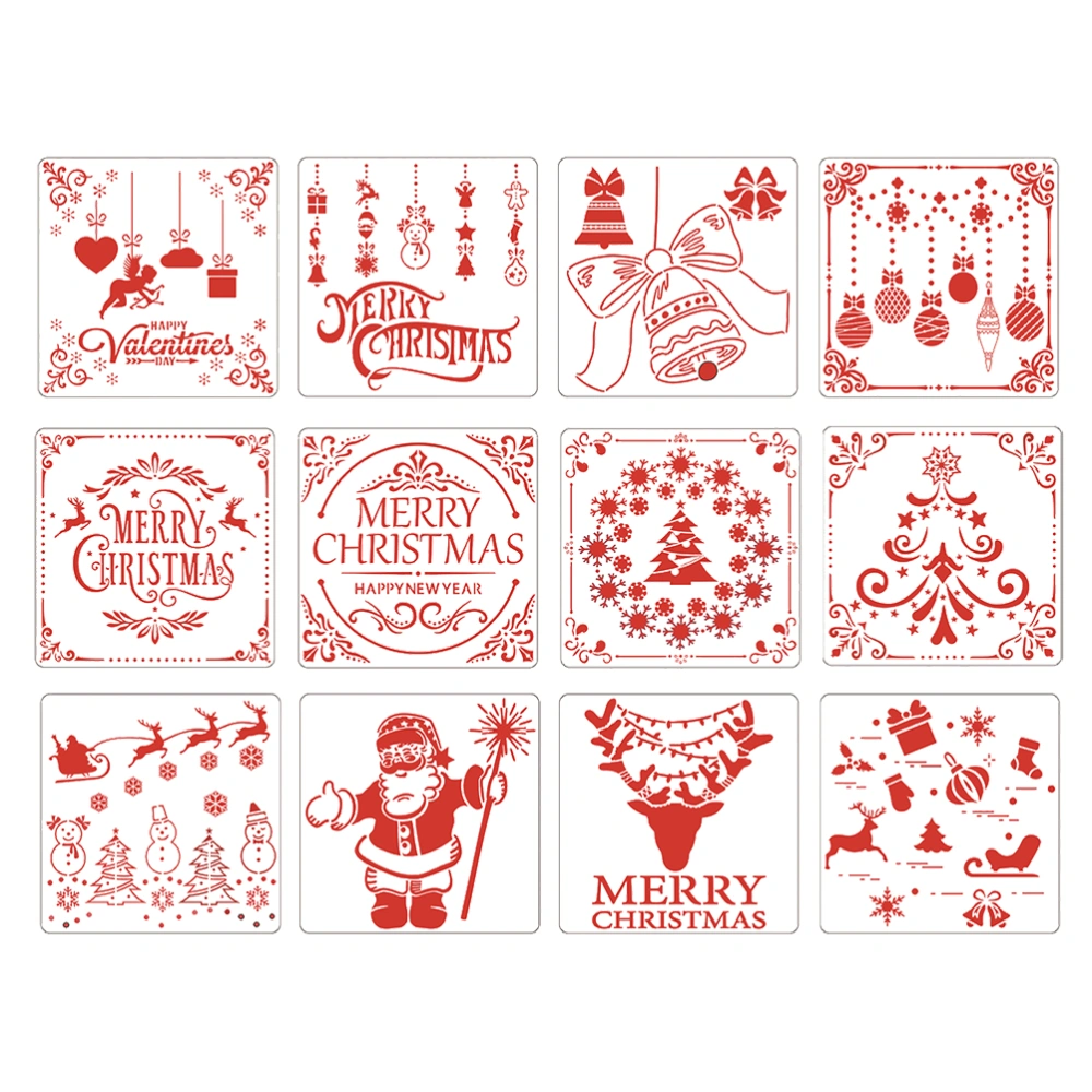 12pcs Christmas and New Year Series Hollow Painting Template DIY Hollow Out Painting Stencil (White)