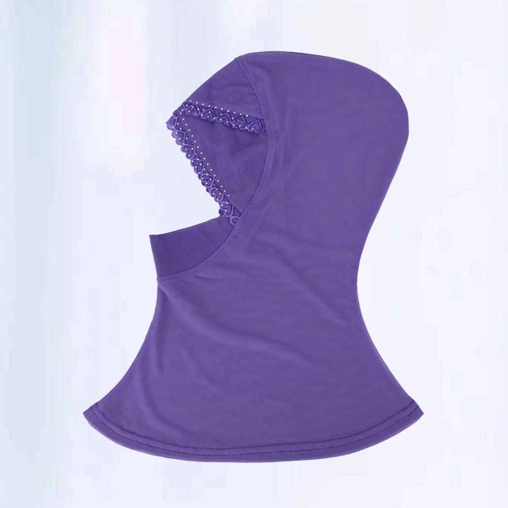 Women Adjustable Muslim Hijab Neck Cover Scarf Bonnet Single Cross Inner Hijab Full Cover Bone Lady Islamic Muslim Diamond Lace Headwear (Purple)