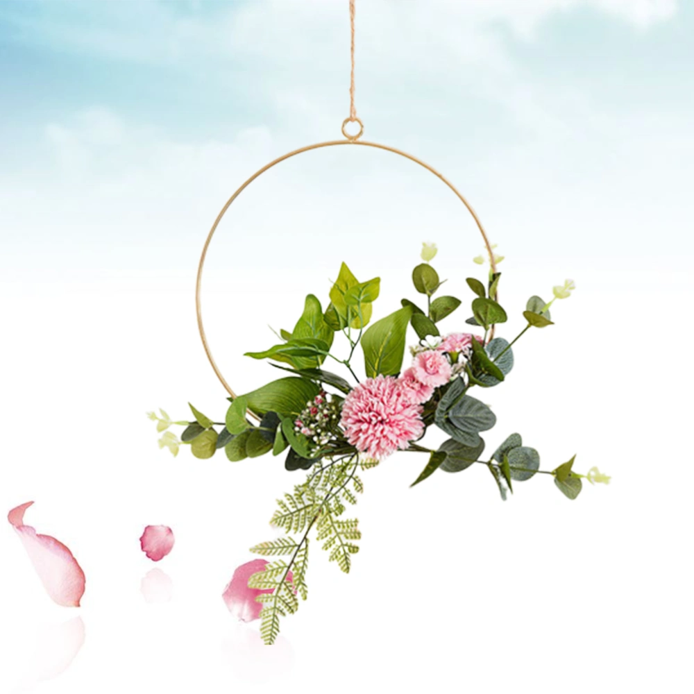 Nordic Style Floral Wreath Wall Hanging Iron Art Hemp Rope Hanging Decoration Modern Minimalist Artificial Wreath Wedding Backdrop Wall Decoration (19.5x21.5cm)