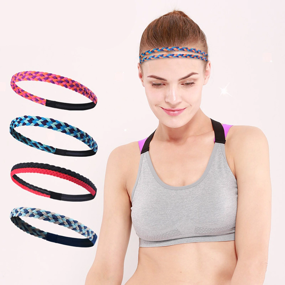 Sports Braid Headband No Hairband Elastic Single Band Silicone Lined Fitness Sweatband (Dark Blue, Blue and Orange)