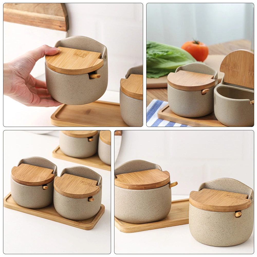 1Pc Ceramic Seasoning Pot Wooden Cover Seasoning Box for Kitchen (Assorted Color)