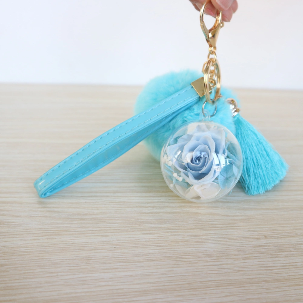 Novelty Preserved Rose Keychain Handbag and Purse Pendant Charm with Tassels and Rabbit Fur Pom Pom Gift for any Occasion (Sky Blue)