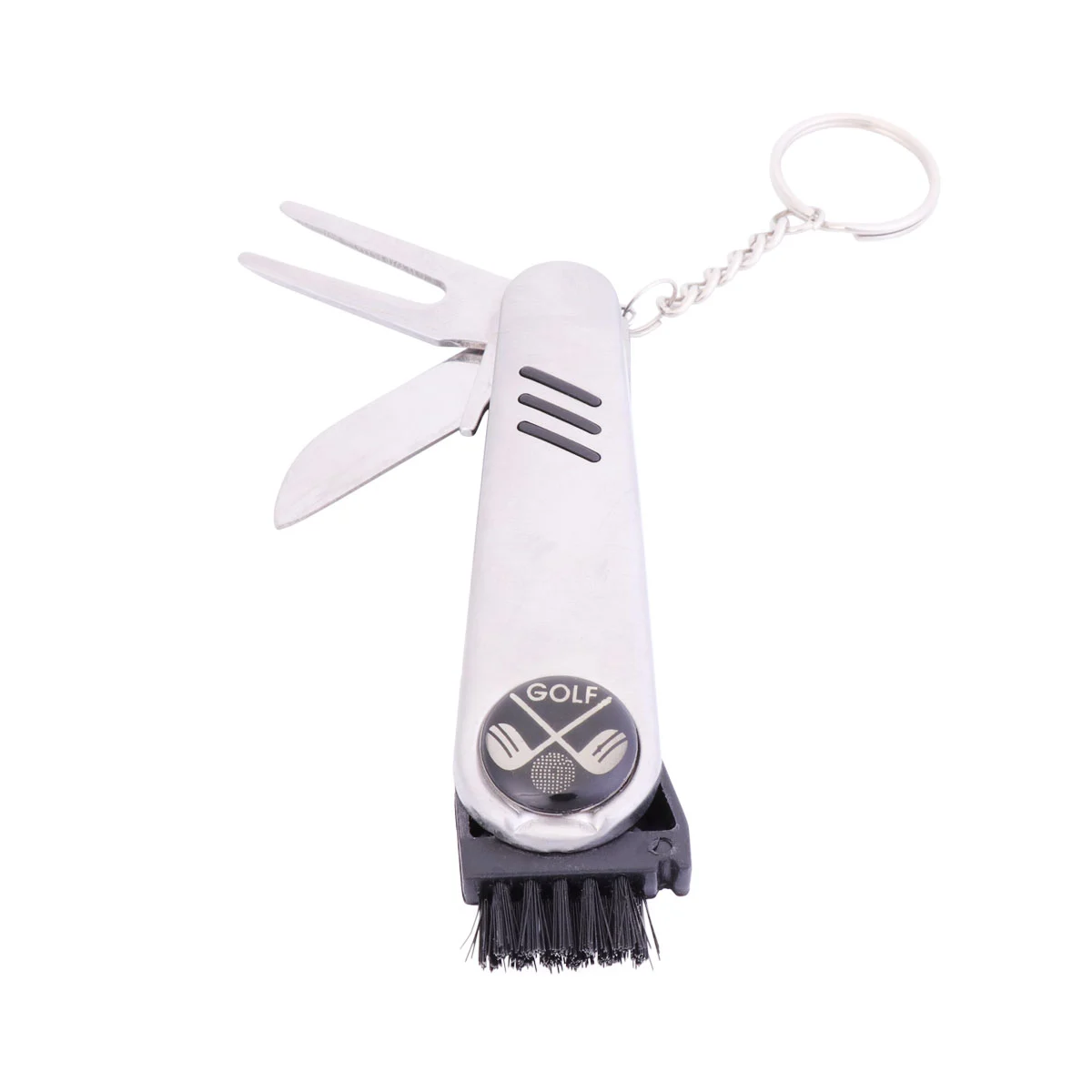 6 in 1 Multifunctional Gadget Stainless Steel Divot Repair Tool Ball Marker Club Groove Cleaner Scrub Cleaning BrushSpike Wrench Tool Kit with Key Chain