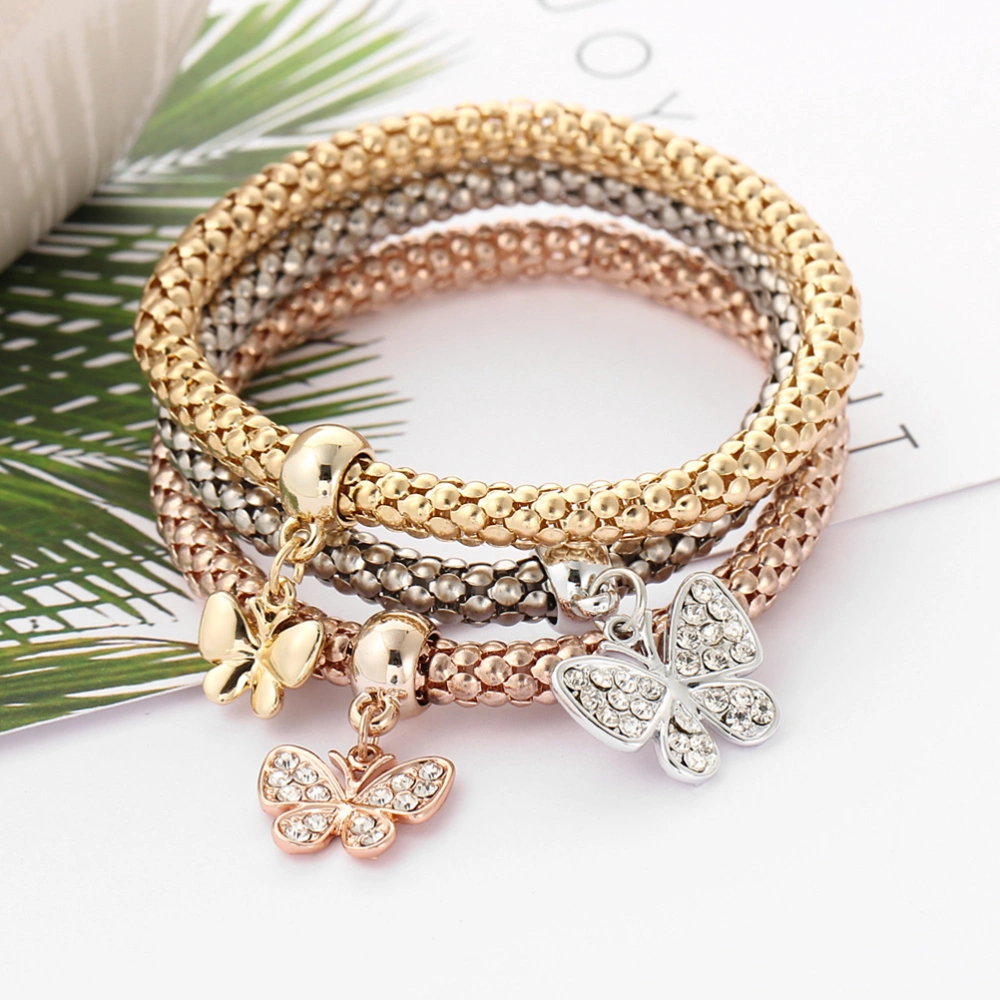 3PCS Women Bracelet Micro-inlay Elastic Popcorn Corn Chain Diamond Pendant Alloy Tricolor Bracelet Set