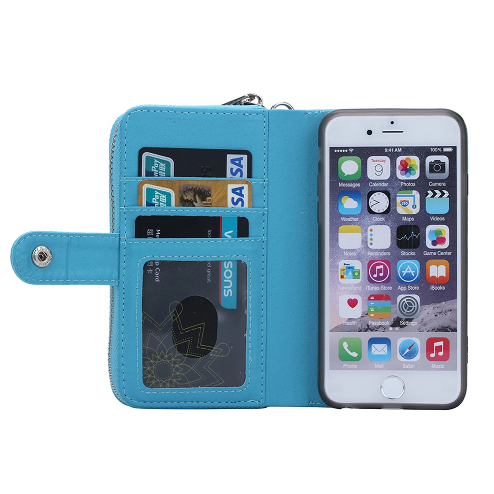 Phone Case Detachable Slot Zipper Wallet Large Capacity Anti-drop Bracket Lanyard Hole Phone Cover for Apple iPhone 6/6S (Sky Blue)
