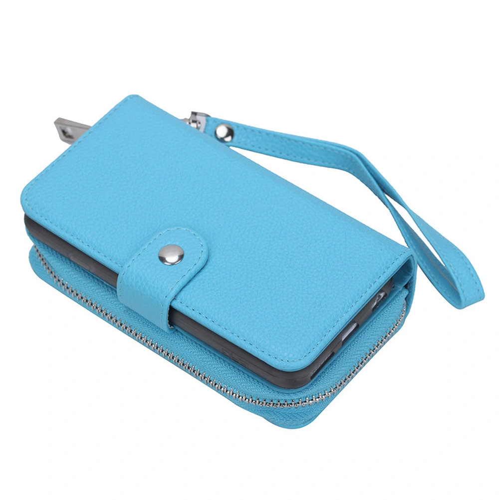 Phone Case Detachable Slot Zipper Wallet Large Capacity Anti-drop Bracket Lanyard Hole Phone Cover for Apple iPhone 6/6S (Sky Blue)
