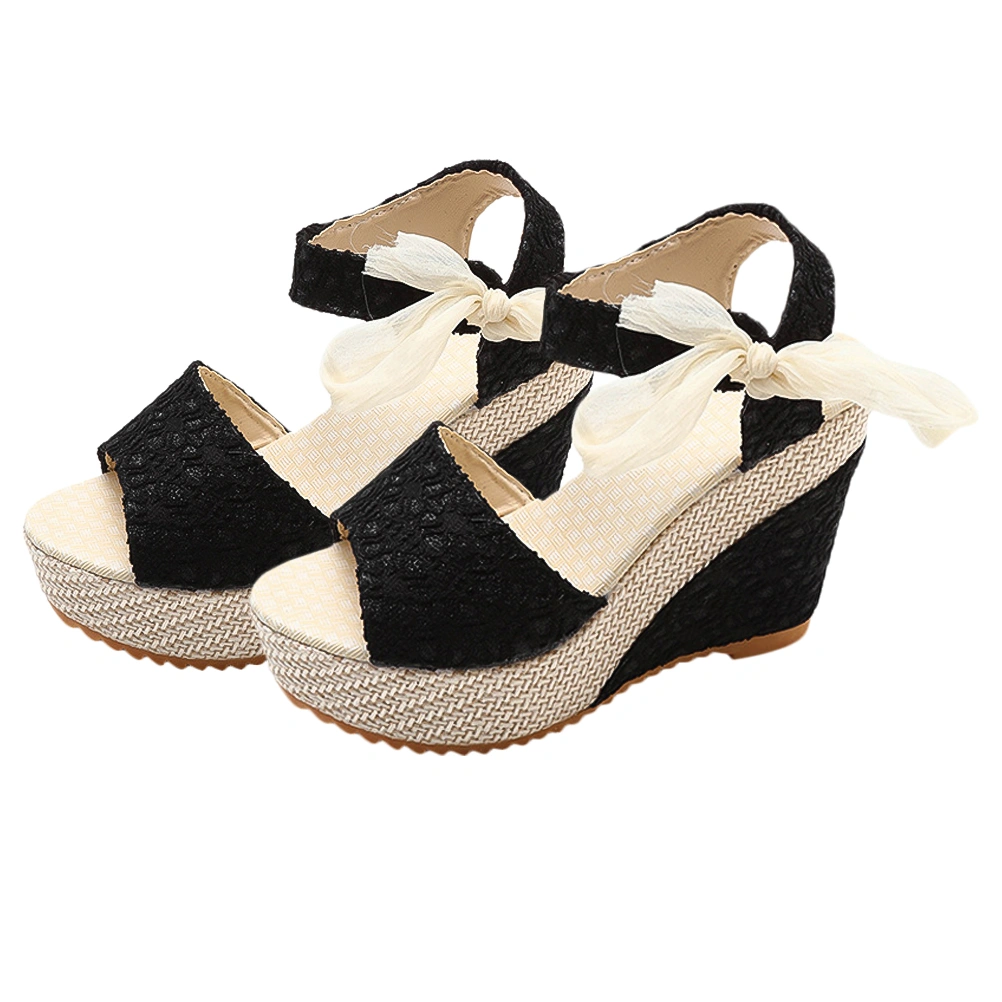 1 Pair Summer Wedge Sandals High Heel Female Sandals Fish Mouth Design Summer Shoes for Women (Black 39 24.5CM, 7.5US, 5UK, 38.5EU, 9.6285Inch)