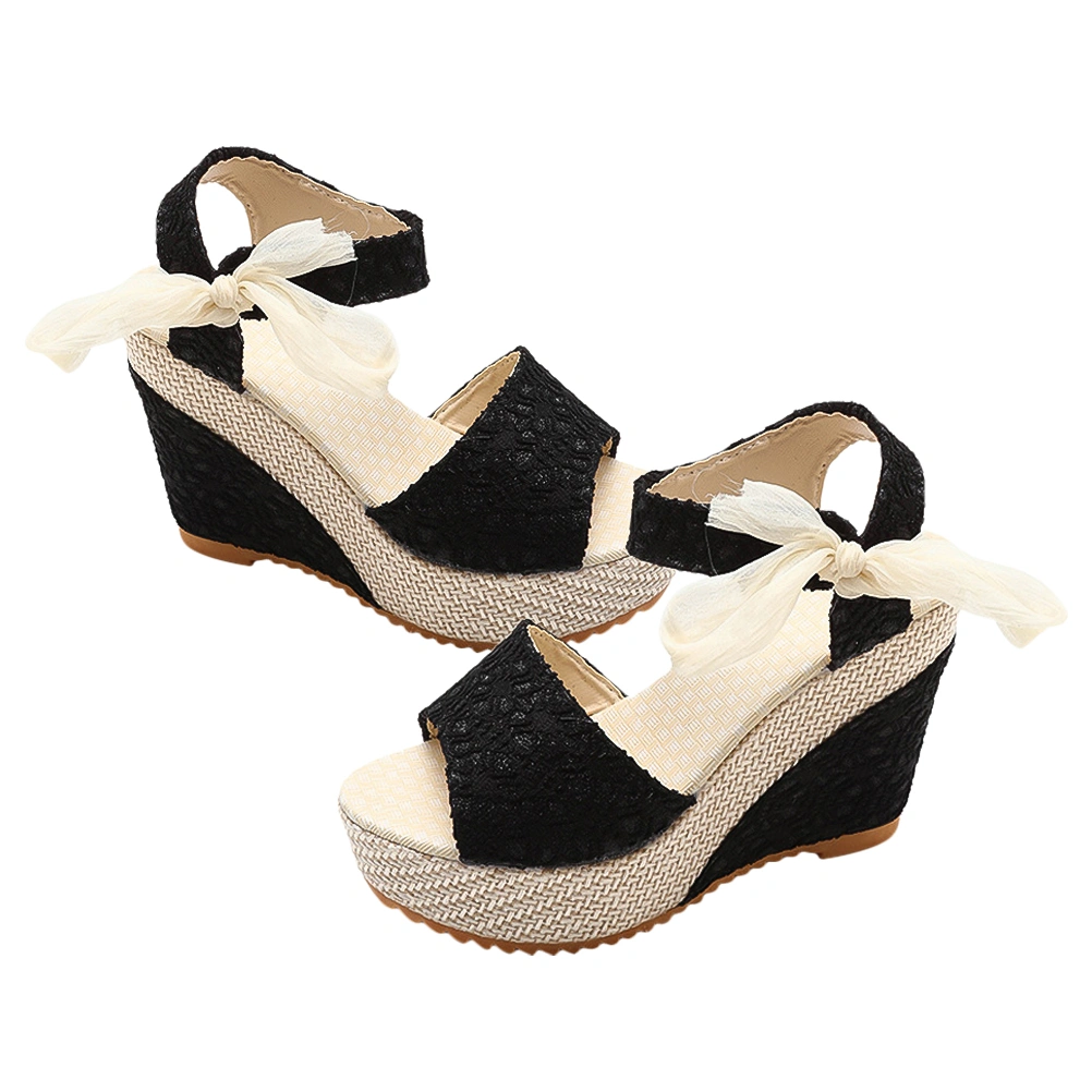 1 Pair Summer Wedge Sandals High Heel Female Sandals Fish Mouth Design Summer Shoes for Women (Black 39 24.5CM, 7.5US, 5UK, 38.5EU, 9.6285Inch)