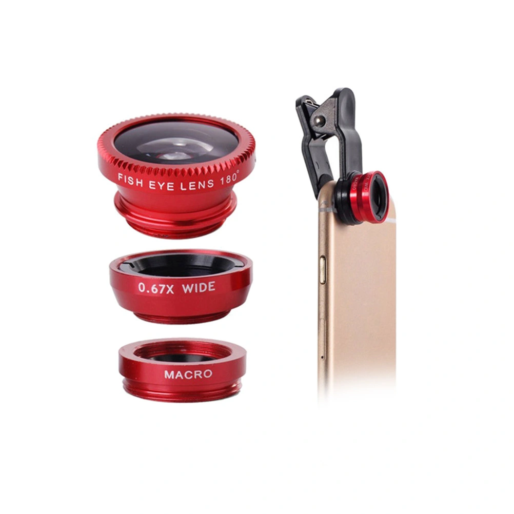 2 Sets 3 in 1 Phone Lens Fish Eye Lens Wide Angle Lens Macro Lens with Clip for Smartphone (Red Lens with Black Clip)