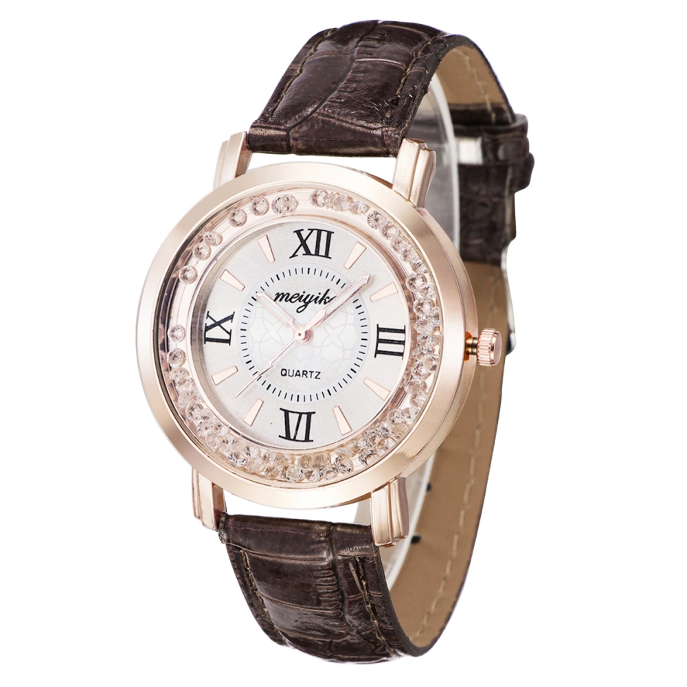 Women Fashion Leather Bracelet Quartz Watch Rhinestone Wristwatch (Coffee)