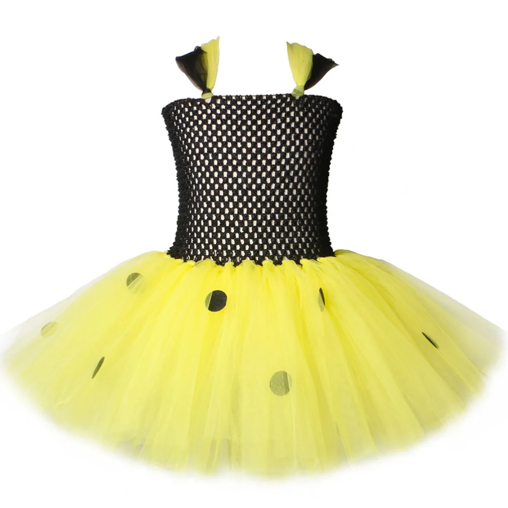 Children Gauze Skirt Bee Patterned Dress Festival Performance Dress Petite Bubble Skirt Suitable for 8-9 Years Girl Black and Yellow (Dress Wing Suit)