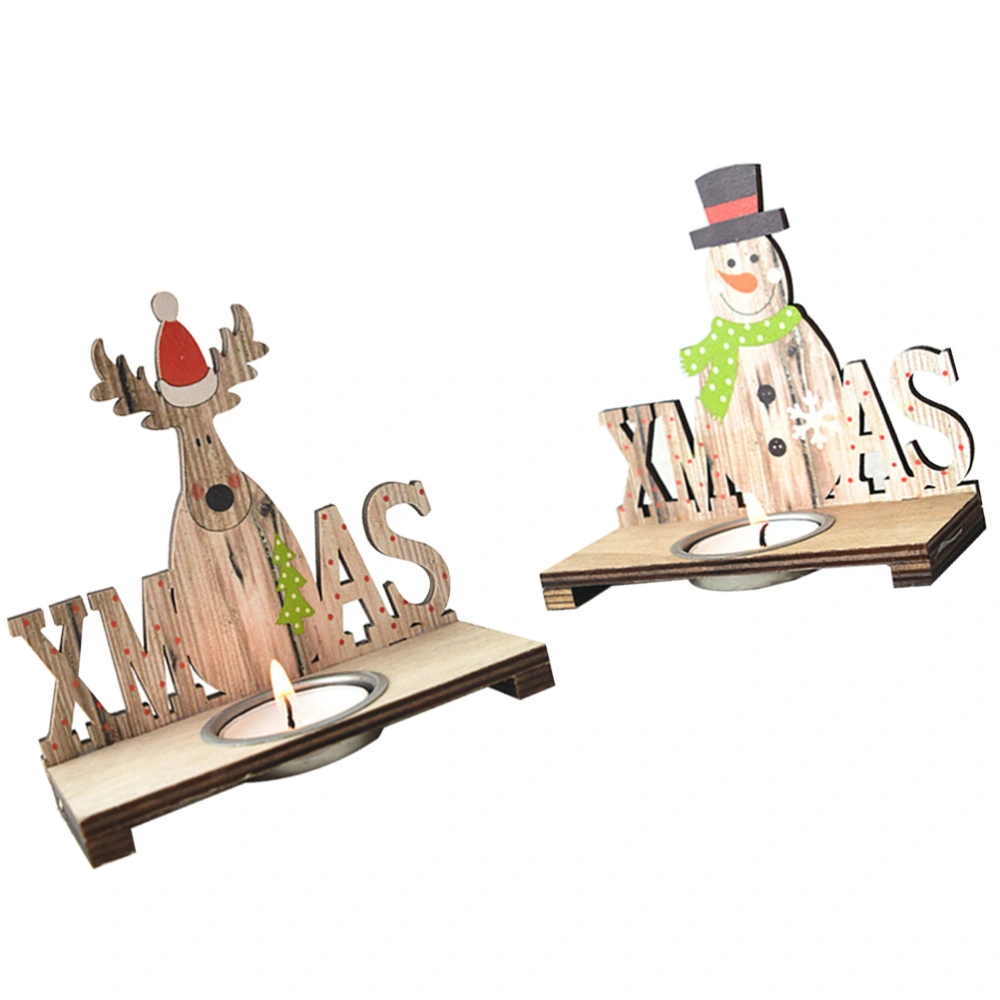 2 Set Christmas Wooden Candle Holder Natural Style Candlestick Desktop Ornament for Wedding Party Home Decoration with Stainless Steel Cup (Snowman, Elk Style)