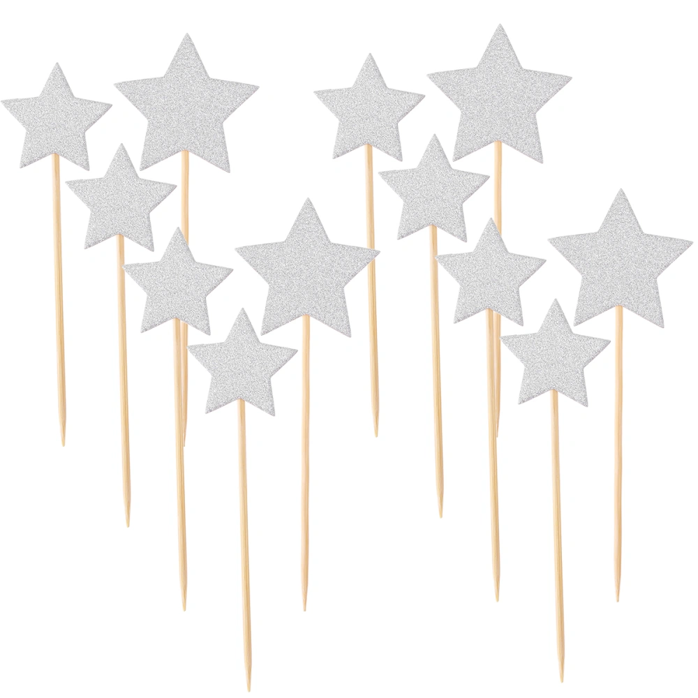 12 PCS Glitter Star Cake Picks Cupcake Toppers Cake Decorations Assorted Sizes for Birthday Wedding Holiday Party Favors (Silver)