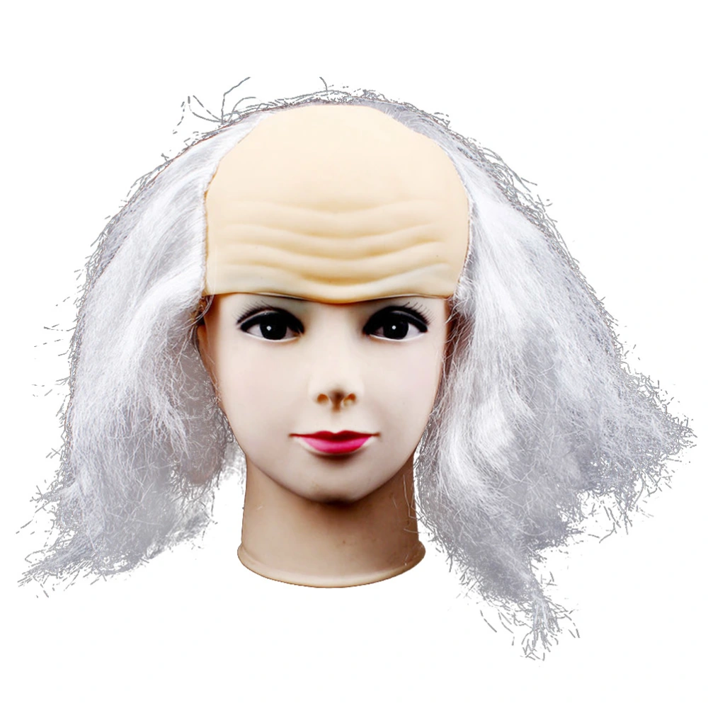 Halloween Bald Wig Funny Old Lady Wigs Masquerade Supplies Wig Head Mask Halloween Costume (Light Grey)