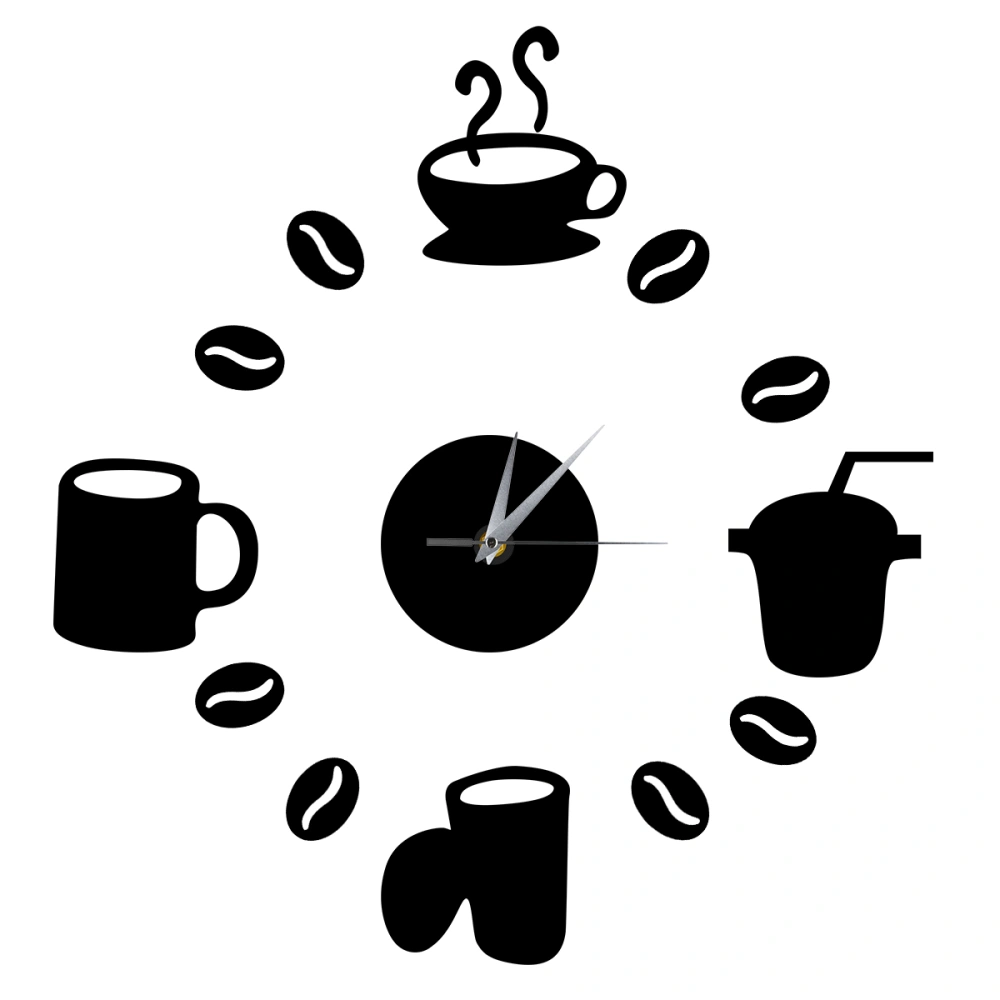 DIY Modern Home Decoration Large Coffee Cup Decal Kitchen Wall Clocks Silent Watch Decals (Black)