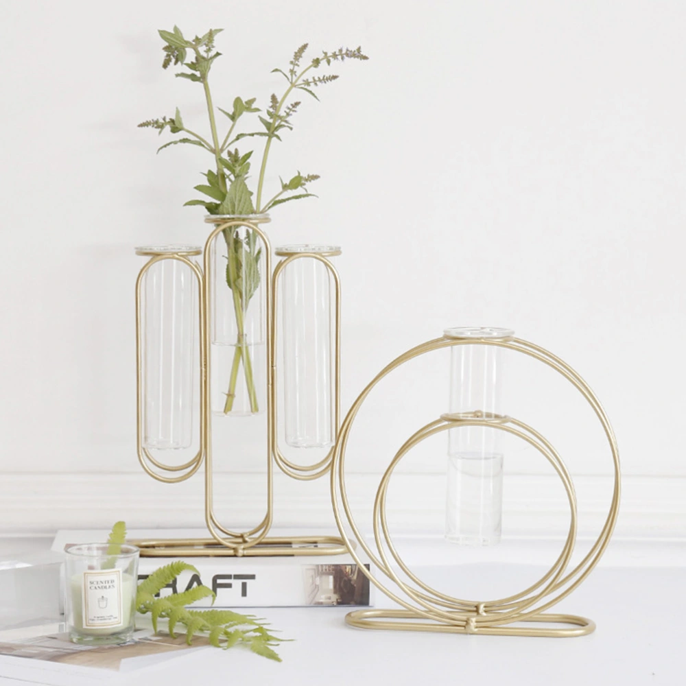 1pc Glass Tube Vase Golden Iron Metal Flower Vase Transparent Glass Tube Floral Vase Flower Racks (Golden)