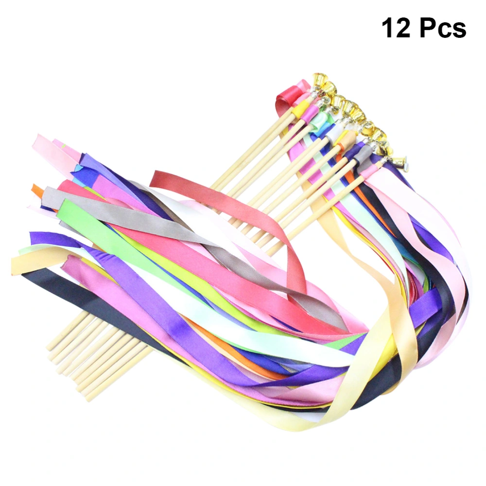 12pcs Colorful Delicate Ribbon Streamers Kids Fairy Stick Cheer Props Wedding Party Supplies Favors With Golden Bell(Assorted Color)