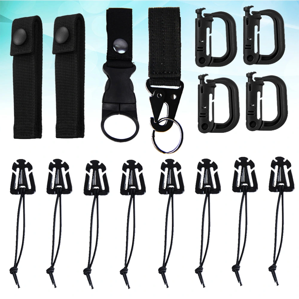 16pcs/set Backpack Accessories Webbing Connecting Buckles Clip Strap D Ring Hooks Keychain Strap Outdoor Multi Tool (Black)