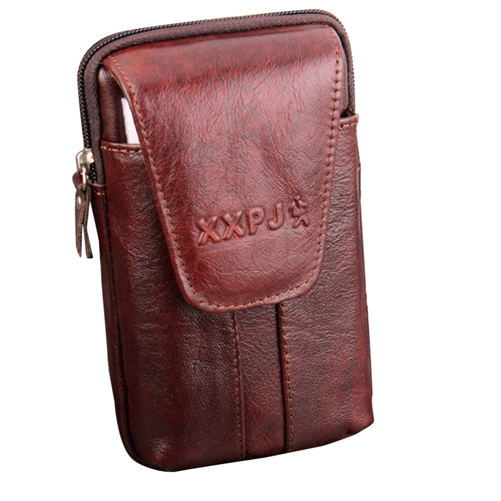 Man Leather Reddish-brown Wallet Case Multifunctional Zipper Phone Bag Vertical Section Waist Belt Bag for Coins Key Cards