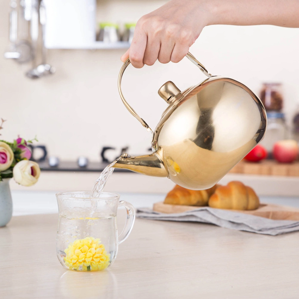 Thick Stainless Steel Tea Pot Insulated Kettle Thermal Teapot Water Pot for Kitchen Restaurant Hotel (Golden, 1L)