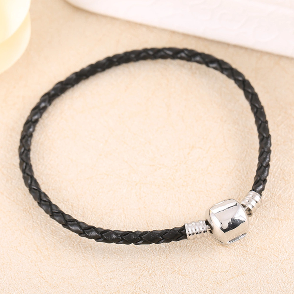 Unique Silver Clasp Genuine Leather Bracelet Fit Women Men Original Charm Bracelet (Black)