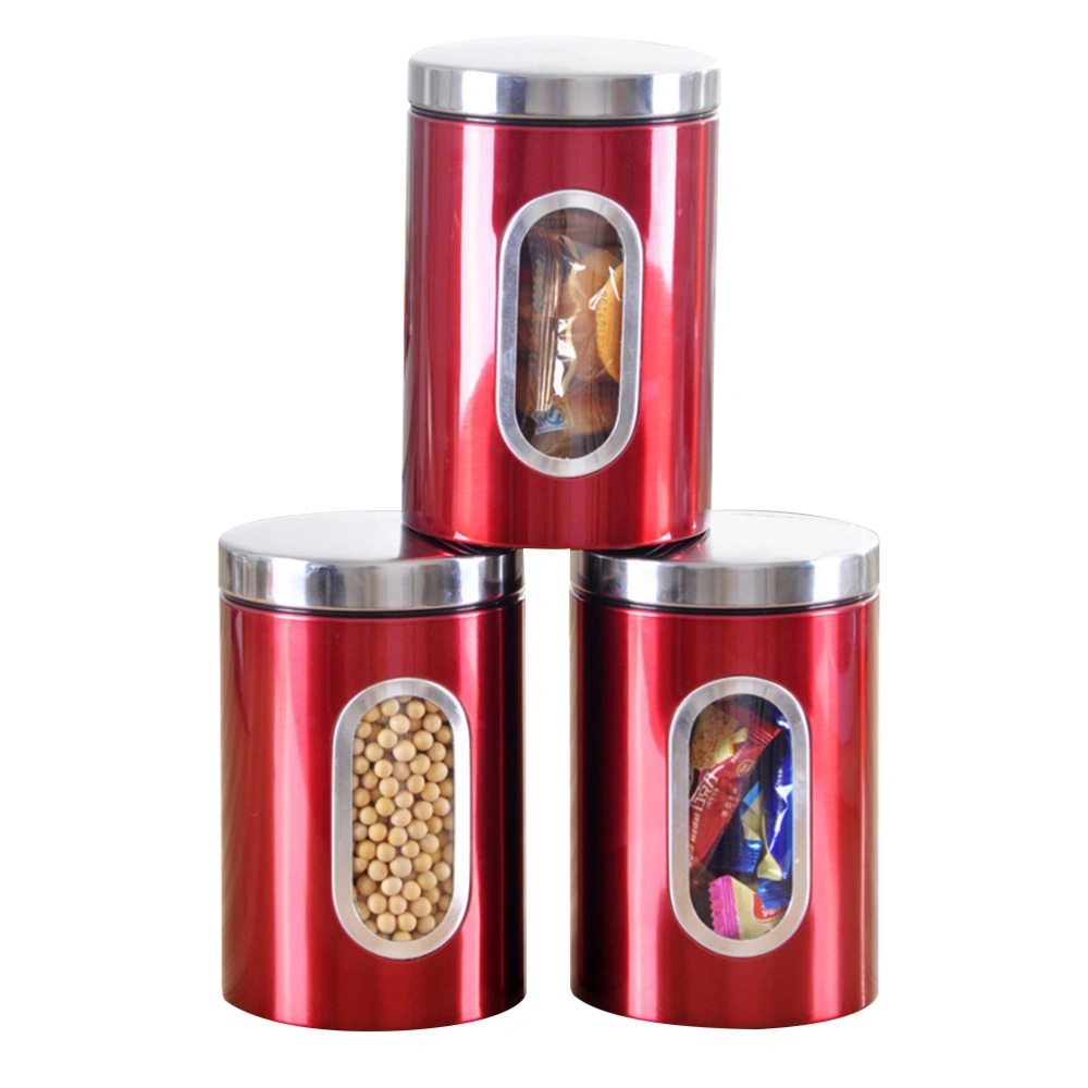 3pcs Stainless Steel Food Storage Canister Moisture-proof Box with Glass Window and Stainless Steel Lid(Red)