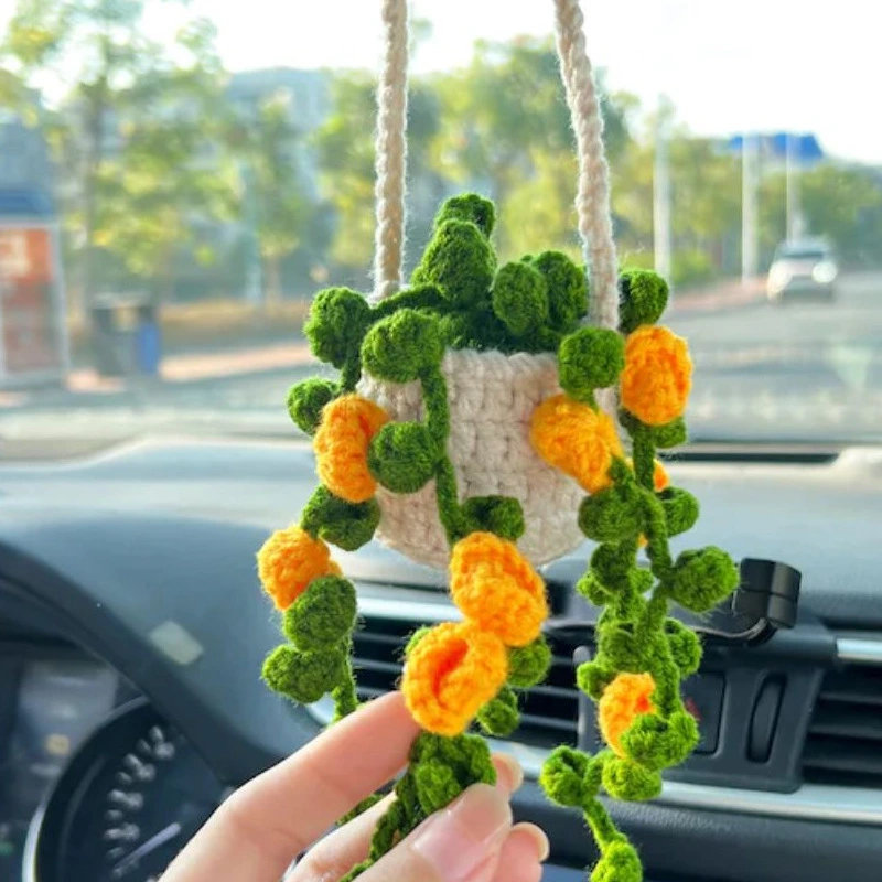 Crochet Car Hanging Ornament Car Rearview Mirror Decoration Crochet Hanging Plant Basket