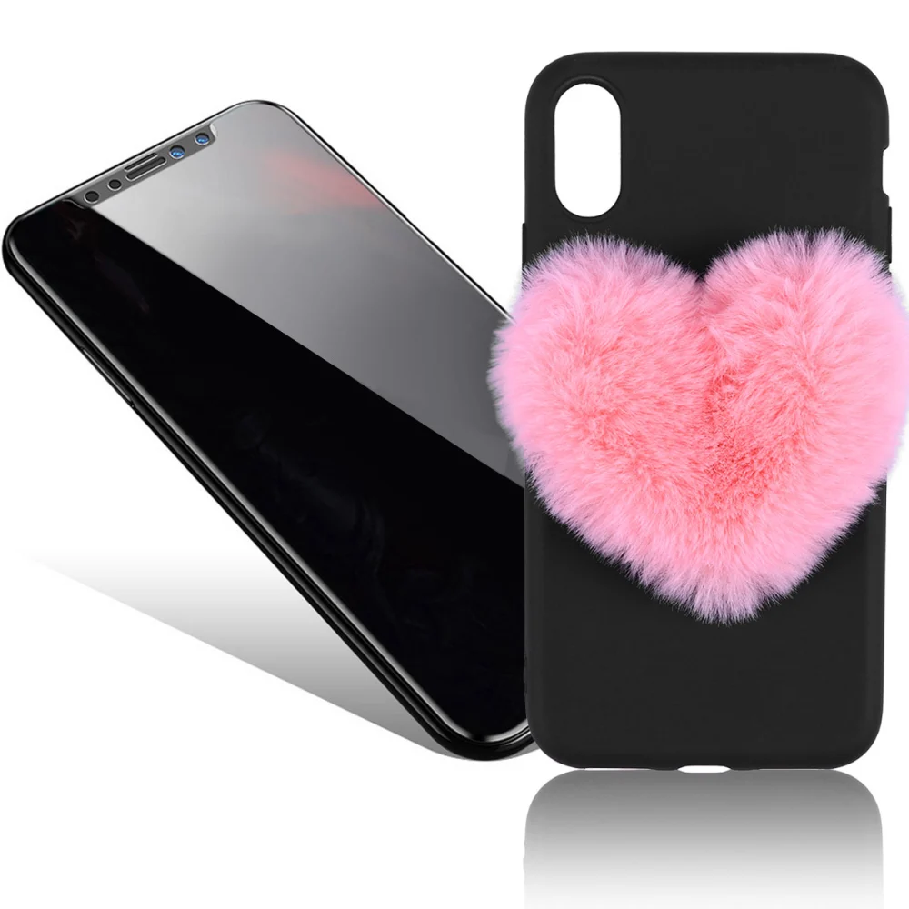 Creative Phone Case Teenage Style Microfiber Lovely Heart Plush Phone Cover for iPhone X (Black)