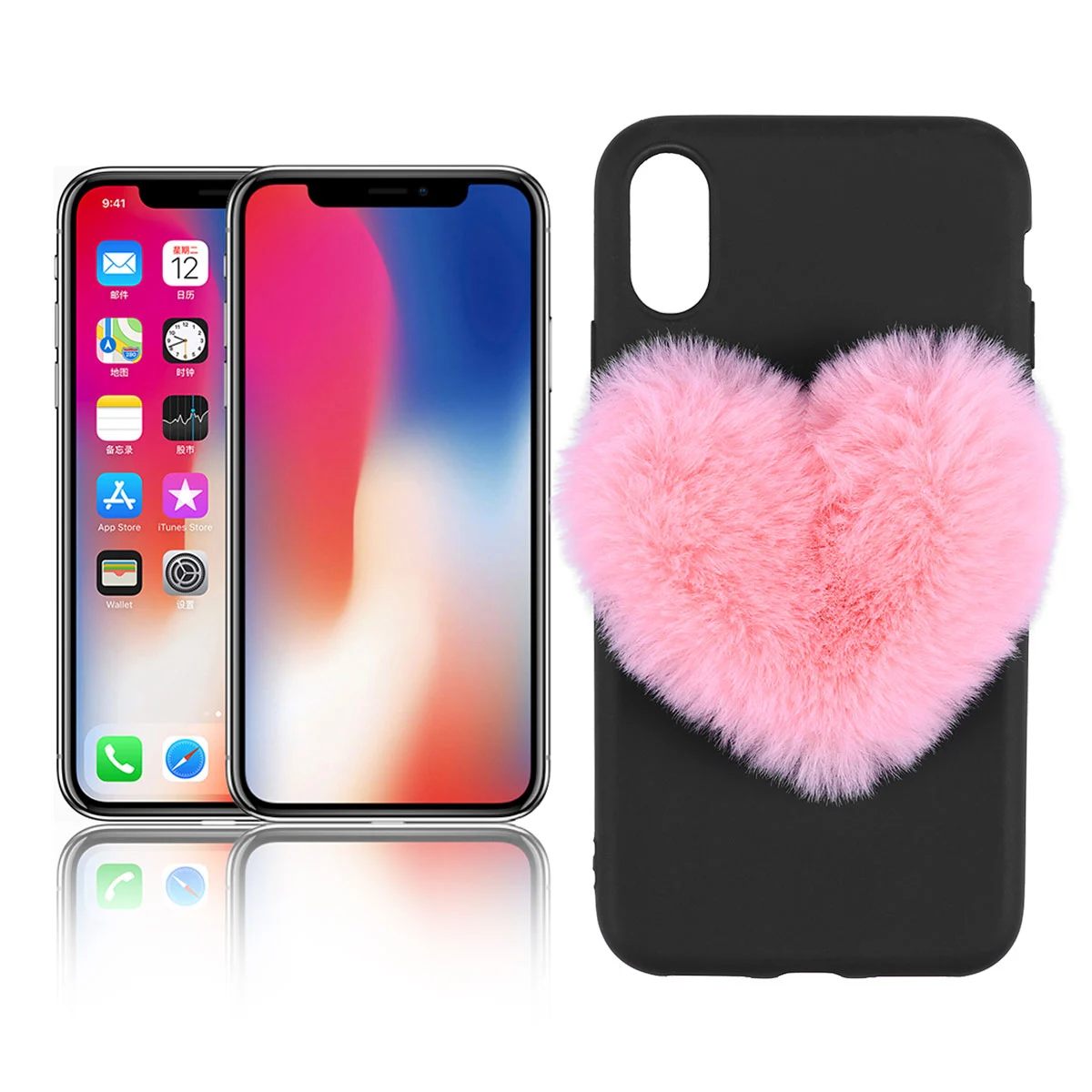 Creative Phone Case Teenage Style Microfiber Lovely Heart Plush Phone Cover for iPhone X (Black)