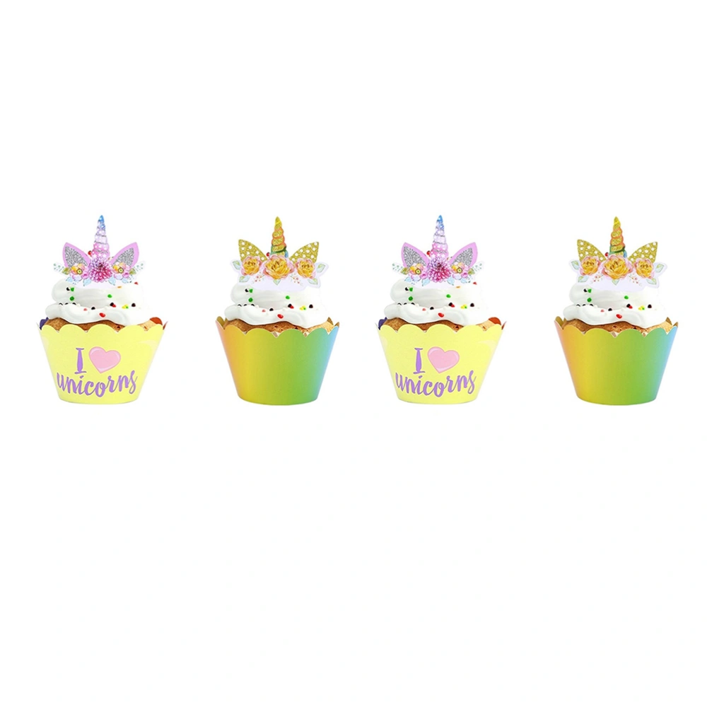 24 Sets Rainbow Unicorn Cupcake Wrapper and Topper Party Cake Decor Cupcake Linner and Topper (24pcs Wrapper and 24pcs Topper)