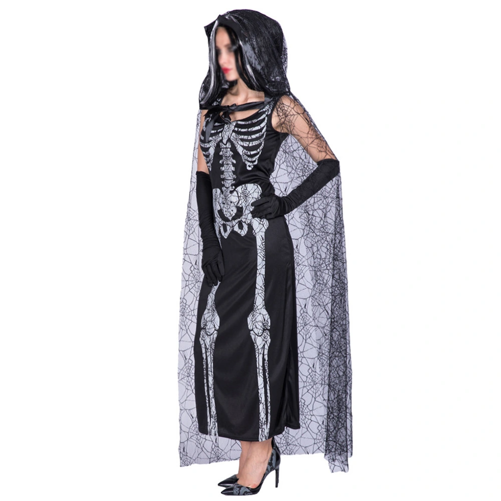 Halloween Cosplay Costumes Clothes Set Skull Pattern Net Mesh Hooded Cape Cloaks Skeleton Ghost Bride Performance Suit (Black)