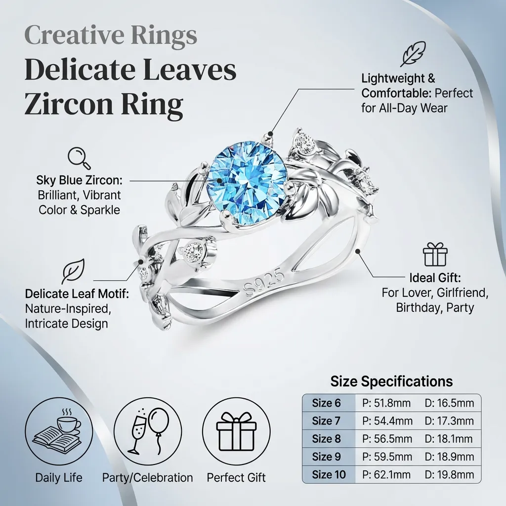 Creative Rings Delicate Leaves Raings Fashion Zircon Ring Beautiful Finger Rings for Woman (Size 6)