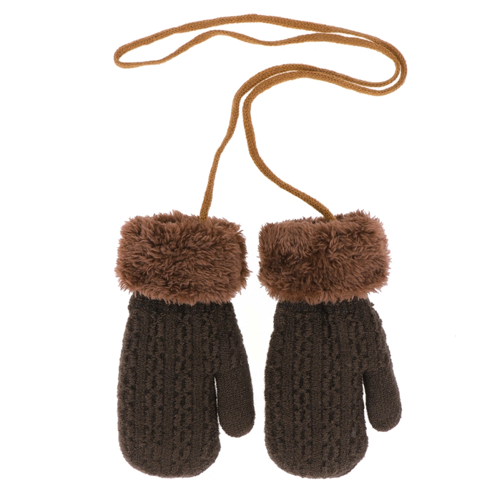 Kids Winter Warm Gloves Double Layer Knitted Gloves Plush Hanging Gloves (Coffee, 1-4 Years Old)