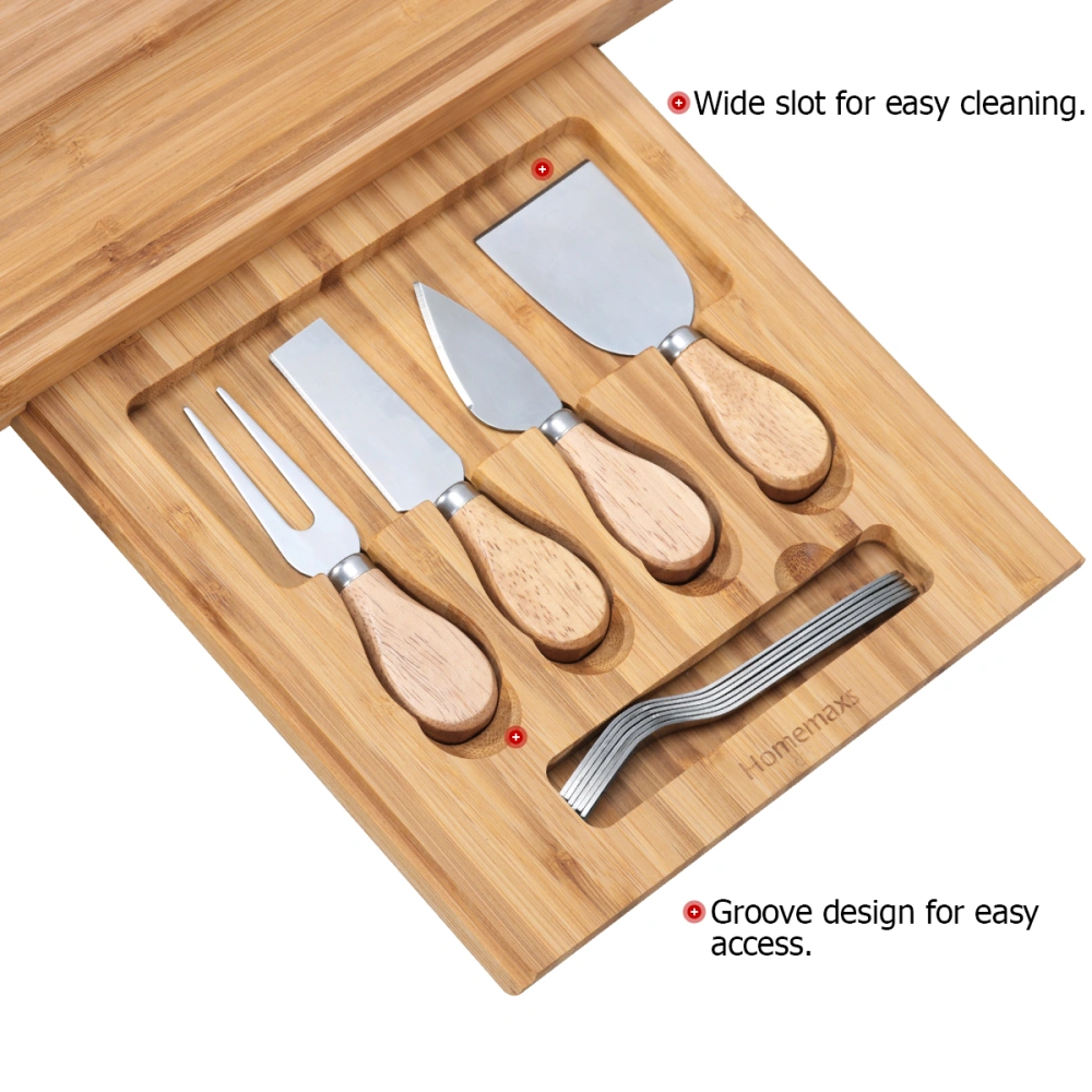 HOMEMAXS Cheese Board with Cutlery Set Charcuterie Platter Serving Tray with Slide-Out Drawer Wooden Server for Wine Crackers Brie and Meat (39.5x33x4 cm)