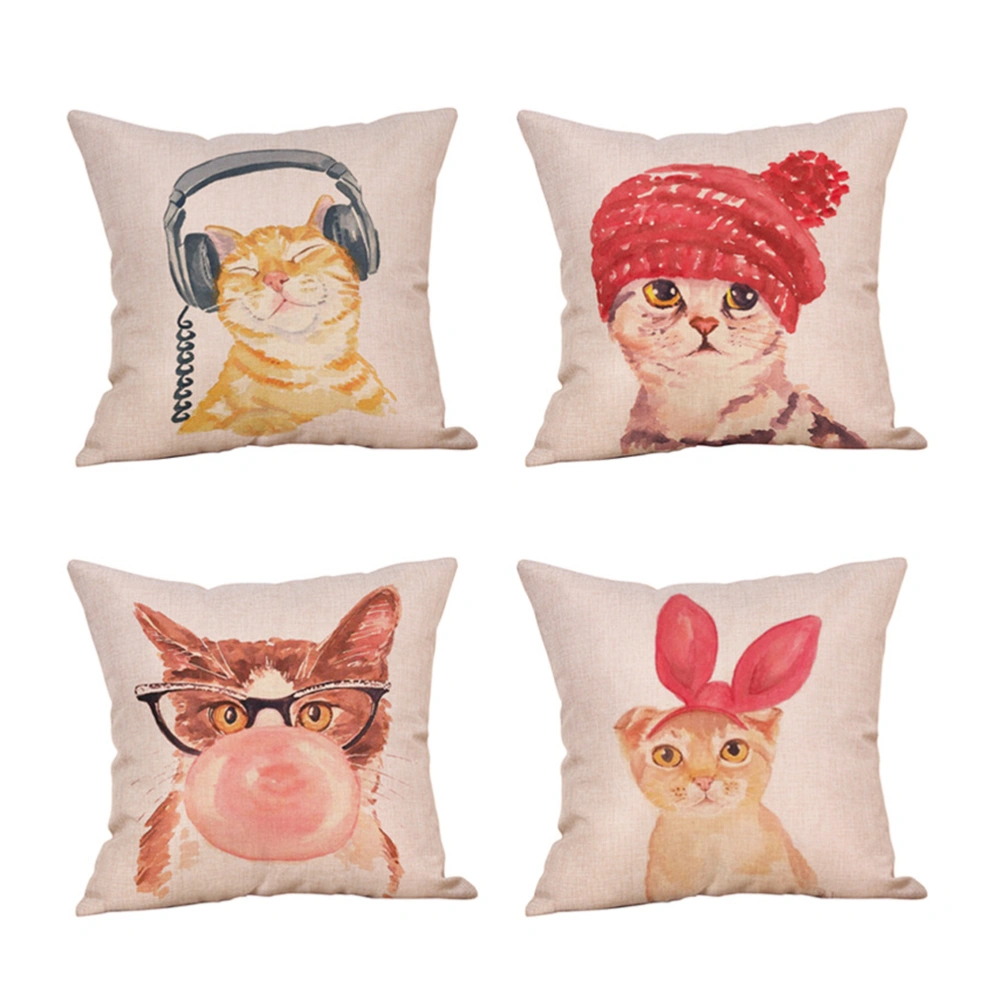 4pcs Creative Throw Pillow Case Cat Patterned Cushion Cover Cotton Linen Pillowcase for Home Sofa Couch Decoration