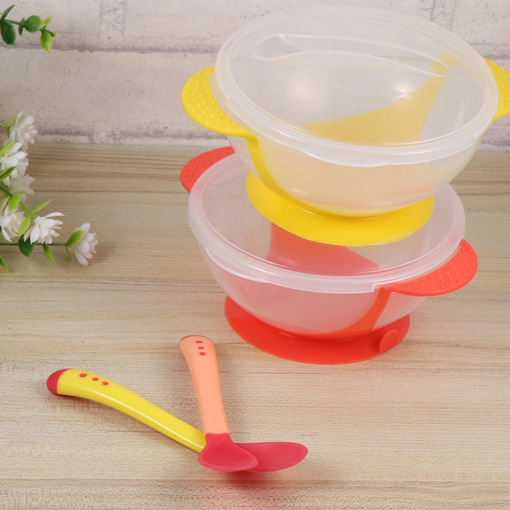 2 Set Transparent Baby Suction Bowl Infant Training Bowl Feeding Tableware with Heat Sensitive Spoon (Red And Yellow)