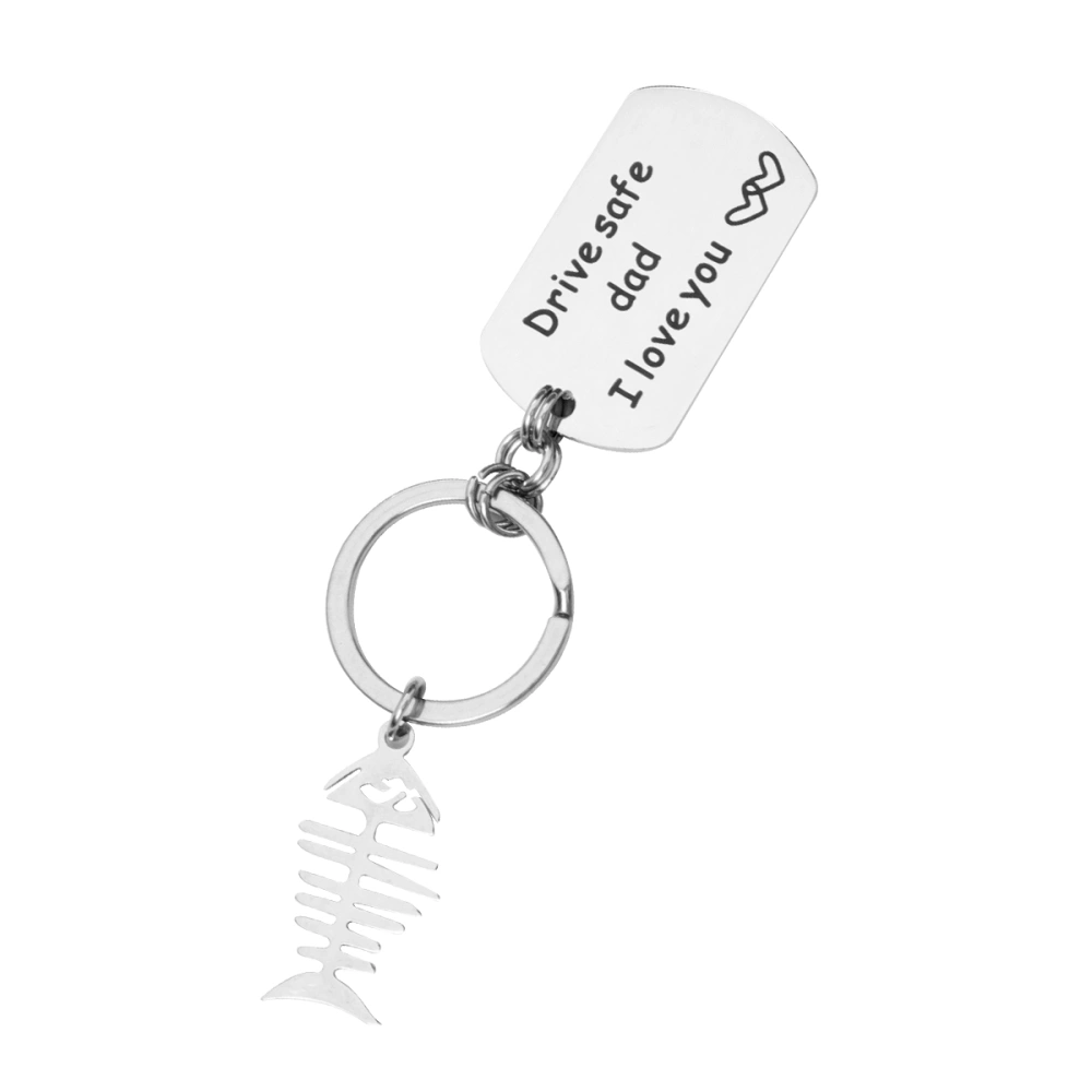 Silver Drive Letter Printing Keychains Fish Bone Key Holder Stainless Steel Key Rings Ornaments Craft Pendant Fathers Day Gifts