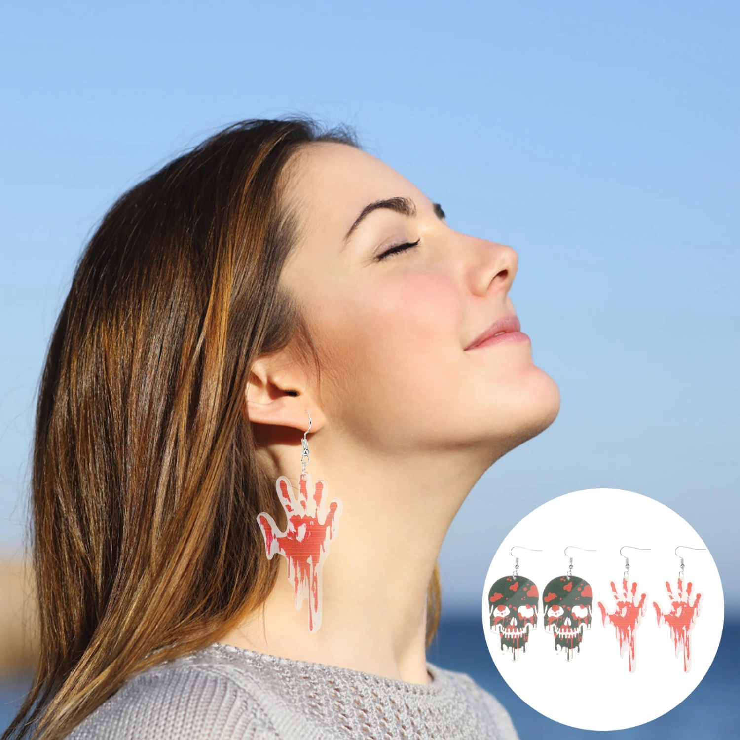 2 Pairs Halloween Bloody Handprint Skull Acrylic Earrings Halloween Earrings