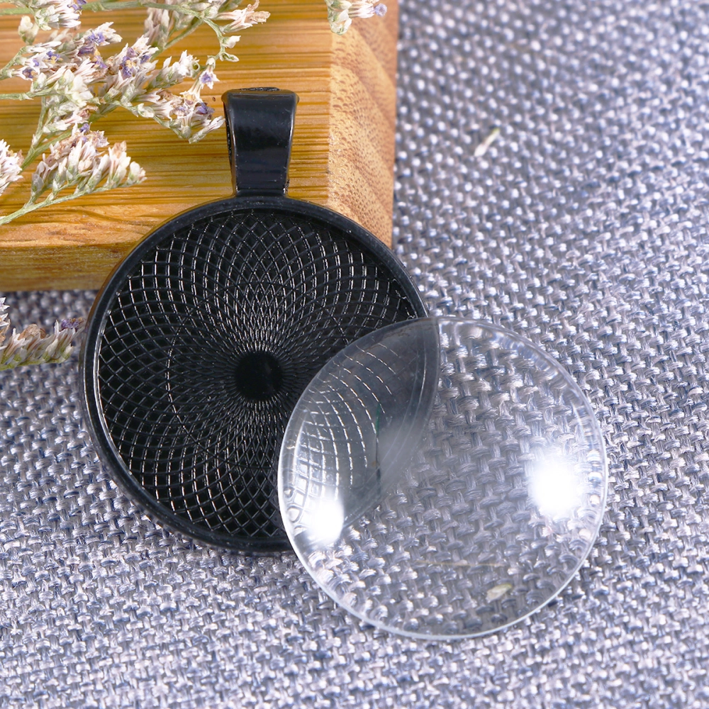 20 Set Round Bezel Pendant Trays with Glass Dome Tiles 25 mm Blanks Cameo Bezel Settings (Black)